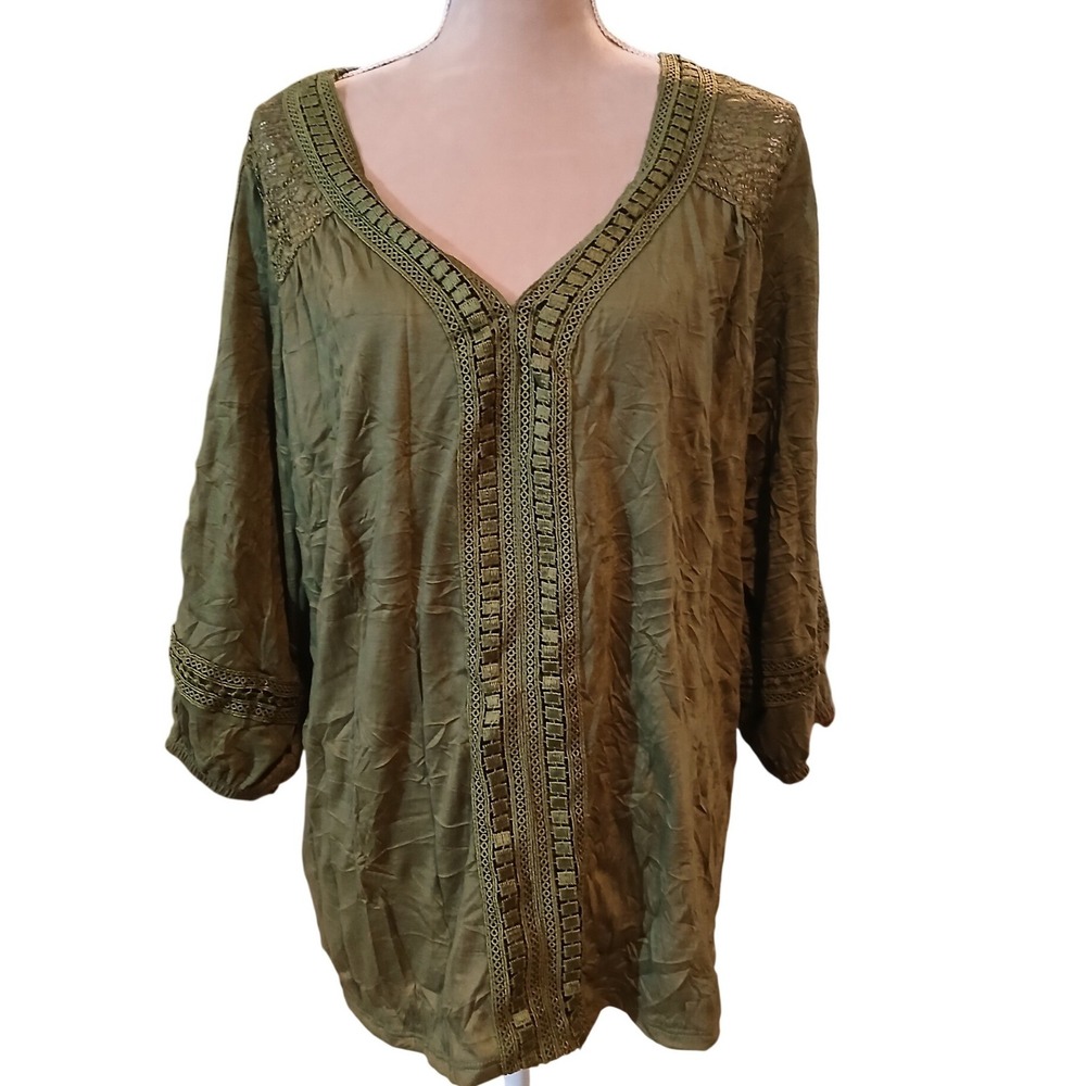 Truself 2x Olive Green Crochet Lace Crinkle V-Neck Tunic 3/4 Sleeve Boho Blouse